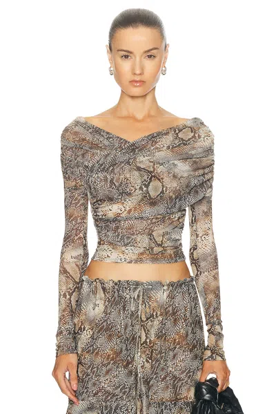 Lapointe Printed Mesh Off Shoulder Wrap Top In Snake Print