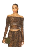 Lapointe Printed Mesh Off The Shoulder Top In Brown