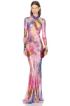 Lapointe Printed Metallic Mesh Halter Ruched Gown In Multi