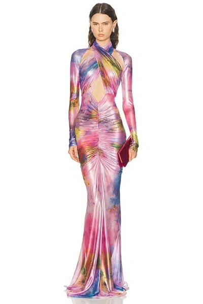Lapointe Printed Metallic Mesh Halter Ruched Gown In Multi