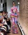 Lapointe Printed Metallic Mesh Halter Ruched Gown With Feathers In Multi
