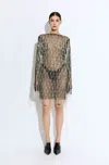 Lapointe Crystal Fringe Mesh Long-sleeve Mini Dress