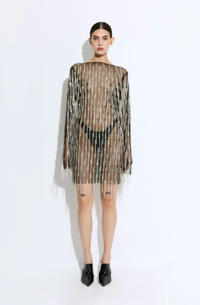 Lapointe Rhinestone Fringe Boatneck Mini Dress
