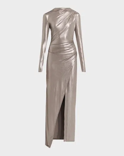 Lapointe Ruched Coated Jersey Long-sleeve Maxi Dress In Steel