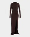 Lapointe Ruched Mock-neck Jersey Column Gown In Brown