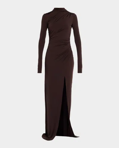 Lapointe Ruched Mock-neck Jersey Column Gown In Brown