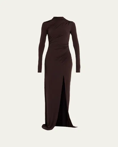 Lapointe Ruched Mock-neck Jersey Column Gown In Brown