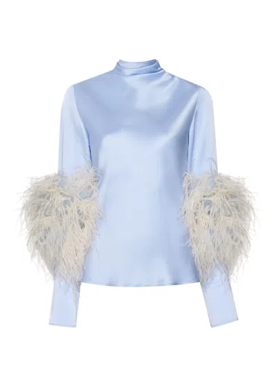 Lapointe Satin Bias Mock Neck Top With Feathers In Celeste