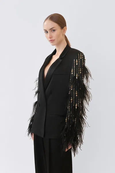 Lapointe Satin Blazer With Deco Stripe Embroidery In Black