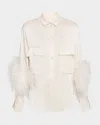 Lapointe Satin Button-down Blouse With Feather Trim In White