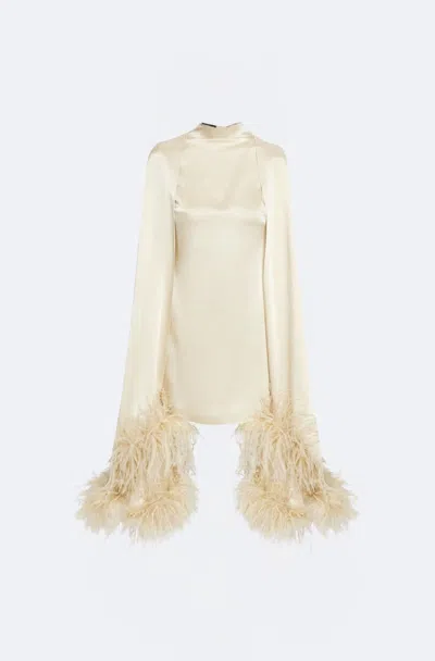 Lapointe Satin Cape Sleeve Mini Dress With Feather In White