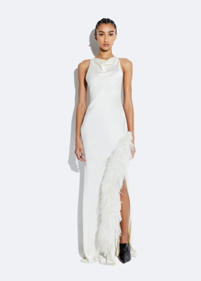 Lapointe Satin Cowl Neck Gown With Feathers In Cream