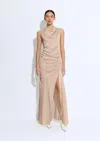Lapointe Satin Cowl Neck Tab Gown In Oat
