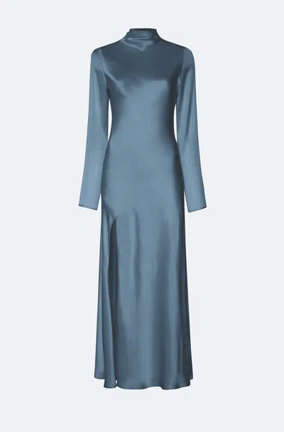 Lapointe Satin Draped Neck Bias Dress In Steel Blue
