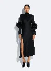 Lapointe Satin Draped Neck Bias Dress With Feathers In Black