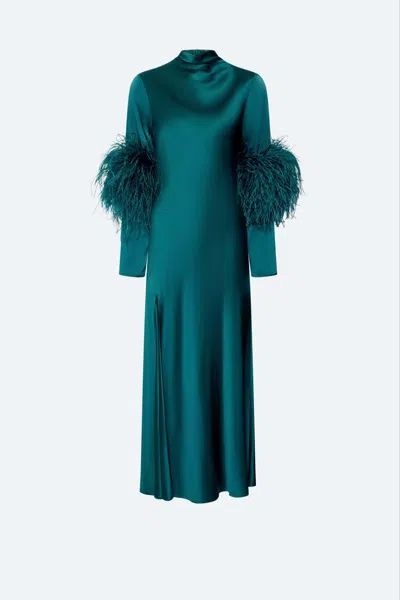 Lapointe Satin Draped Neck Bias Dress With Feathers In Emerald
