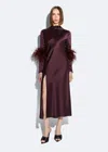 Lapointe Satin Draped Neck Bias Dress With Feathers In Mulberry