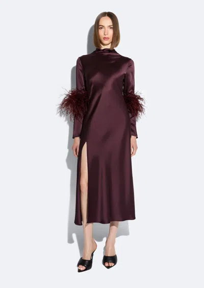 Lapointe Satin Draped Neck Bias Dress With Feathers In Mulberry