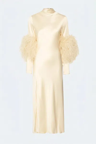 Lapointe Satin Draped Neck Bias Dress With Feathers In Yellow