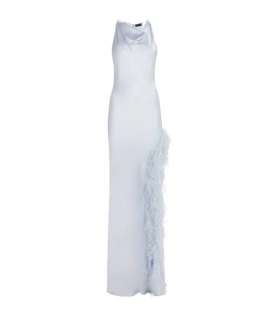 Lapointe Satin Feather-trim Halterneck Gown In Blue