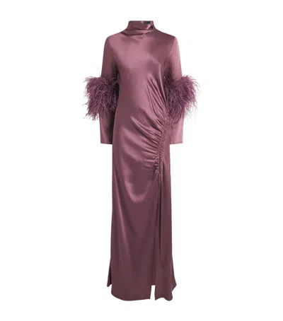 Lapointe Satin Feather-trimmed Gown In Burgundy