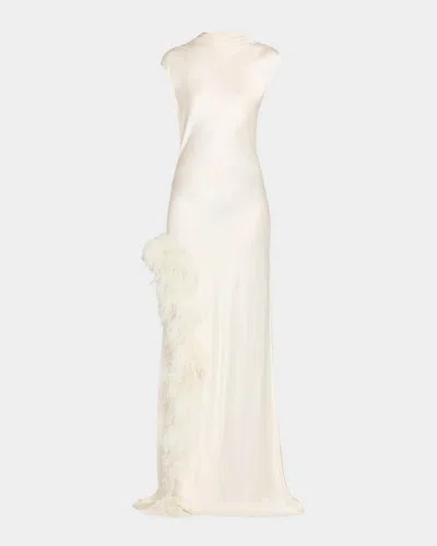Lapointe Satin Feather-trimmed Slip Gown In Neutral