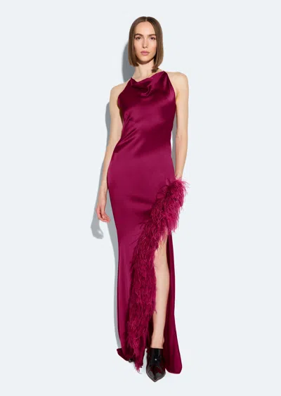 Lapointe Satin Halter Gown With Feathers In Berry