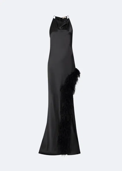 Lapointe Satin Halter Gown With Feathers In Black