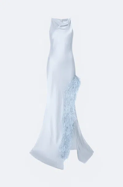 Lapointe Satin Halter Gown With Feathers In Cloud