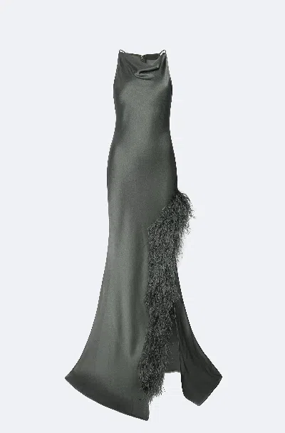 Lapointe Satin Halter Gown With Feathers In Green