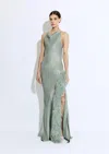Lapointe Satin Halter Gown With Feathers In Jade