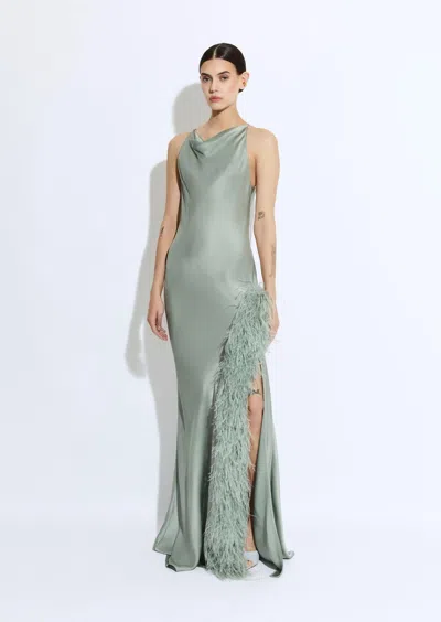 Lapointe Satin Halter Gown With Feathers In Jade
