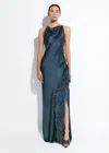 Lapointe Satin Halter Gown With Feathers In Marine