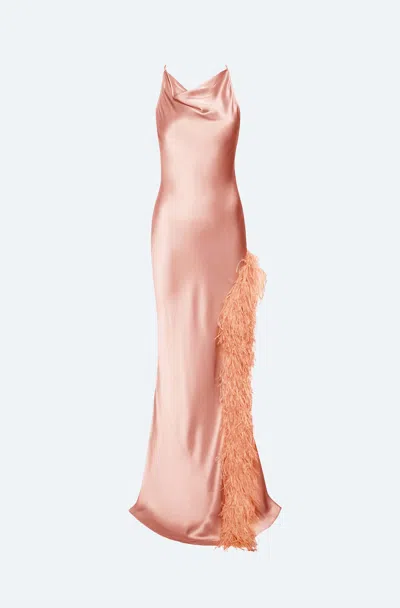 Lapointe Satin Halter Gown With Feathers In Pink