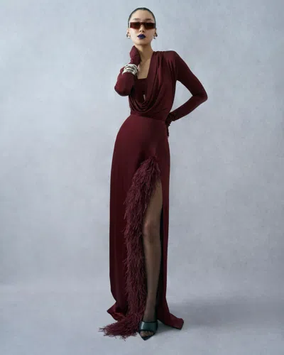 Lapointe Satin High Waist Slit Maxi Skirt With Feathers