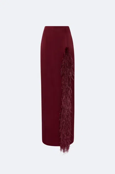 Lapointe Satin High Waist Slit Maxi Skirt With Feathers In Burgundy