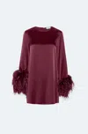 Lapointe Satin Shift Dress With Feathers In Berry