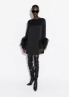 Lapointe Feather-trim Long-sleeve Satin Mini Shift Dress In Black