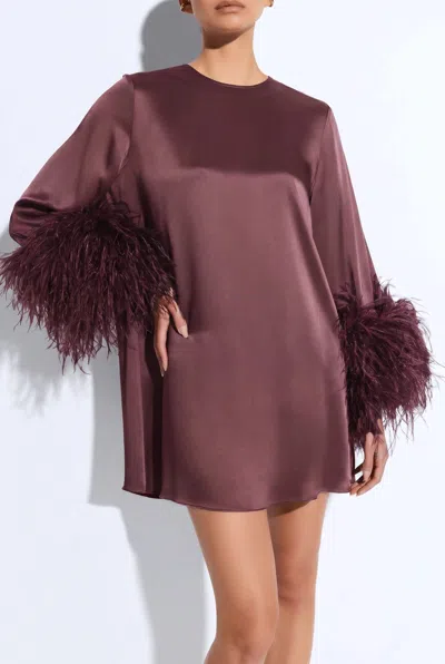 Lapointe Satin Shift Dress With Feathers In Dark Mauve