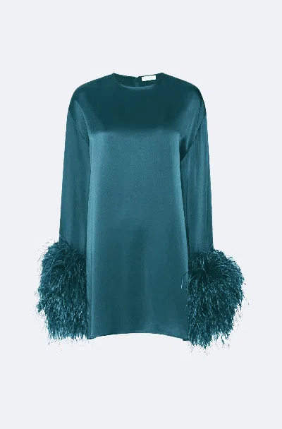 Lapointe Satin Shift Dress With Feathers In Dark Teal