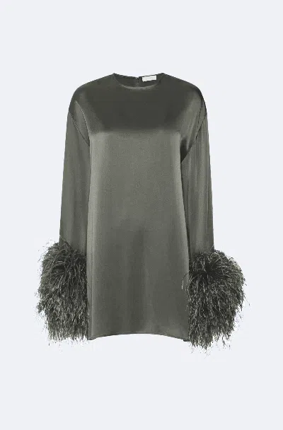 Lapointe Satin Shift Dress With Feathers In Green