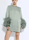 Lapointe Satin Shift Dress With Feathers In Jade