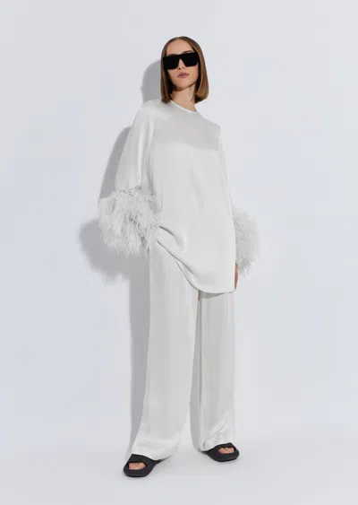 Lapointe Satin Shift Dress With Feathers In White