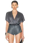 Lapointe Satin Short Sleeve Wrap Top In Gray