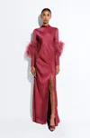 Lapointe Satin Tab Gown With Feathers