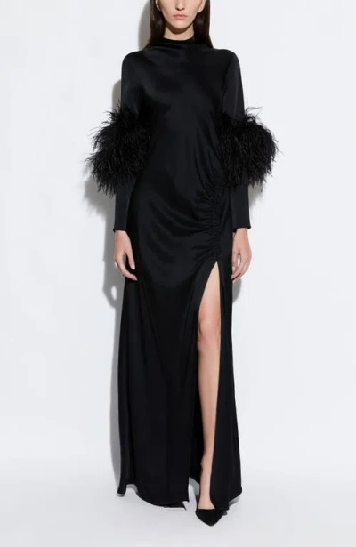 Lapointe Satin Tab Gown With Feathers In Animal Print