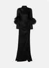 Lapointe Satin Tab Gown With Feathers In Black