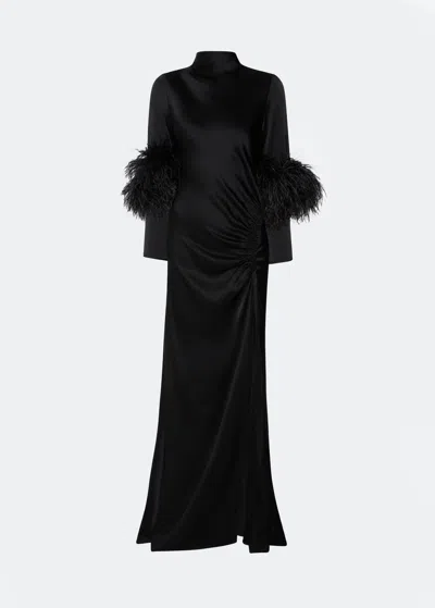 Lapointe Satin Tab Gown With Feathers In Black