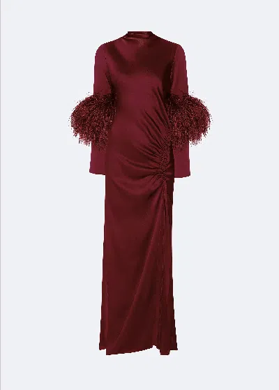 Lapointe Satin Tab Gown With Feathers In Burgundy