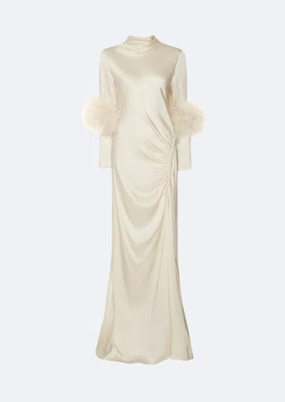 Lapointe Satin Tab Gown With Feathers In Cream